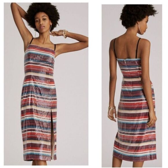 HUTCH Anthropologie Sequined Fall Multicolor Stripe Slip Midi Cocktail Dress Sz - Picture 2 of 15